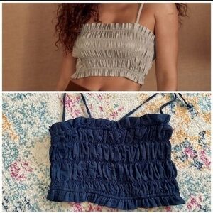 Lulus Navy Blue Ruched Elastic Smocked Crop Spaghetti Strap Tie Strap Tank Top